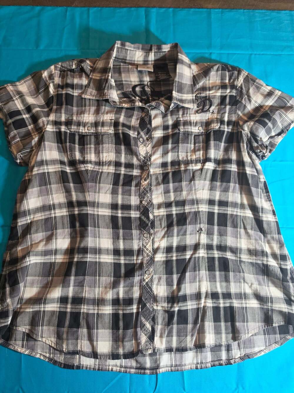 Harley-Davidson Women's Plaid Short Sleeve Button-Down Shirt Black White XL
